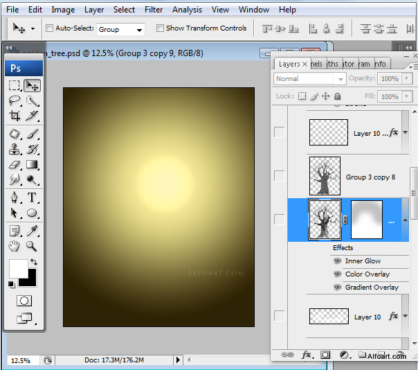 Golden apple tree. Magic scene. Adobe Photoshop Tutorial.